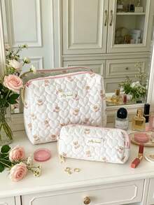 1pc Kawaii Quilted Cosmetics Bag Large Makeup Handbag Heart Pattern Beauty Pouch Portable Brushes Holder Pencil Case Lightweight Travel Toiletry Bags - Baby Pink - View 5