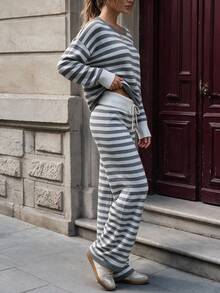 NOVELLE Women's Casual Contrast Stripe Knit Sweater Set, Autumn Winter Crew Neck Cropped Top Drawstring Wide Leg Pants, Going Out, Commute And School - Multicolor - View 5
