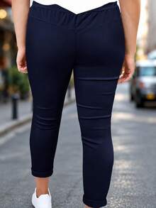 Pantalones de tobillo con cordón en la cintura, unicolor, de moda casual para mujer, primavera - Marina de guerra - Ver 3