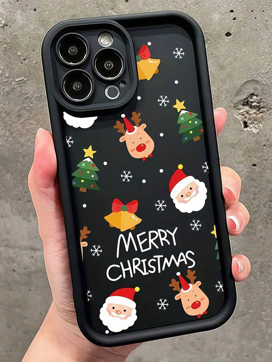 Matte Stepped Eye Frame Phone Case, Black Frame Phone Case, Full Print Cartoon Santa Claus Reindeer Christmas Tree Bell Snowflake Merry Christmas Pattern Raised Camera Protection Anti-Drop Soft TPU Protective Case, Compatible With Apple 11, 12, 13, 14, 15, 16, 17, 18 Pro Max. Minimalist Neutral Phone Case, Designed For Women - Black - View 1