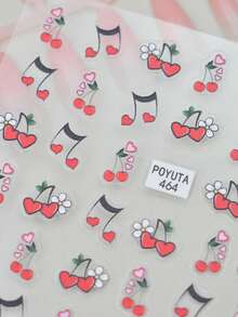 1pc Red Cherry & Small Heart Nail Stickers, White Daisy & Music Note Nail Decals, Autumn Self-Adhesive Glitter Nail Art, Asymmetrical Shape, Sweet Style, Suitable For Daily Commute - Multicolor - View 4