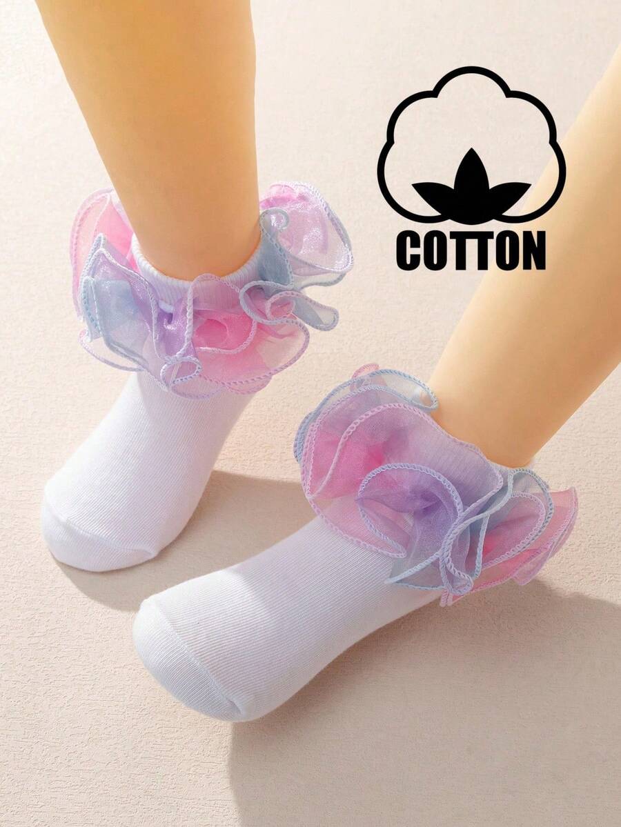 1双棉质女婴/幼儿女童袜，带大蕾丝花边，公主风舞蹈袜