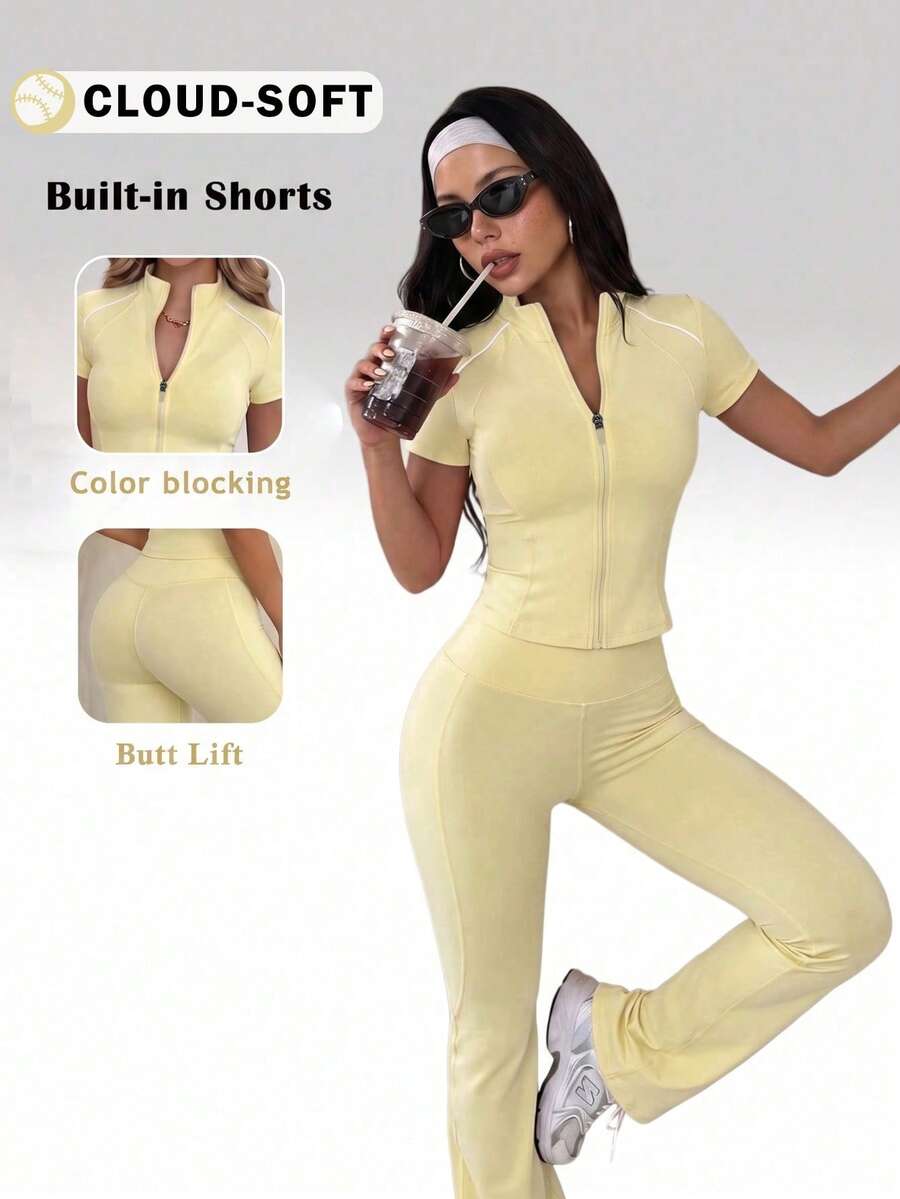 A Complete Set, Balancing Minimalist Elegance And Understated Luxury, Suitable For Office Commute, Pilates Fitness, Dance Shaping And Outdoor Jogging And Other Various Scenarios, Easily Switch Daily Looks, Elegant And Fashionable, Combining Functionality And Style, Women's Zipper Jacket Paired With Flare Pants, 2 Pieces Women's Set - Yellow - View 1