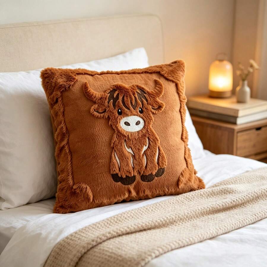 Highland Cow Plush Pillow Cover, Cute Cartoon Animal Applique Cushion Cover 18*18 Inch, Soft Furry Decorative Throw Pillowcase, No Insert - Brown - View 1