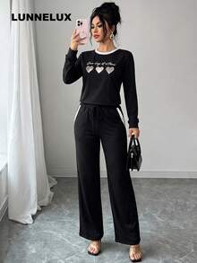 LUNNELUX Ensemble deux pièces pour femmes automne, top à manches longues imprimé cœur noir & pantalon à jambes larges rayé, tenue de sport décontractée pour Halloween et retour à la maison - Noir - Voir 11