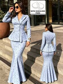 Elegant Women's Lapel Double-Button Ruffle Blazer And Mermaid Skirt 2 Pieces Set, Floral Print Formal Party Outfit - Light Wash - View 2