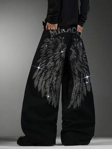 Men's Cool American Wide Leg Jeans, Textured Rhinestone Details, Loose Comfy Versatile All-Season Casual Pants (No Belt & Accessories Included) - Black - View 6