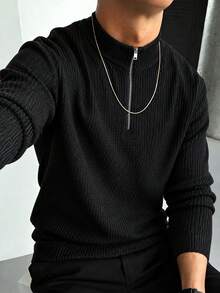 Men's Half-Zip Stand Collar Knit Sweater, Solid Color Ribbed Texture Pullover, Business Casual Commute Thickened Top, Autumn/Winter - Black - View 9