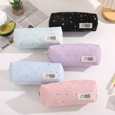 1pc Star Print Fabric Pencil Case, Featuring Fresh Silver Foil Star Pattern With Macaron Soft Color Palette, Available In Black, Light Blue, Pale Purple, Light Green, Pink, Minimalist Style To Suit Different Aesthetic Preferences. Made Of Durable High-Quality Fabric Material, Comfortable Touch And Sturdy, Large Capacity Interior Space, Easily Store Pencils, Erasers, Rulers, Sticky Notes And Other Stationery