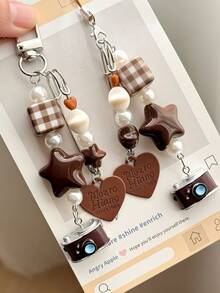 1pc Engraved Heart Pendant Mini Camera Phone Charm, Vintage Coffee Color Handmade Beaded Keychain Bag Pendant - Brown - View 1