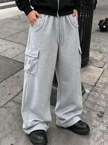 Autumn/Winter Men's Thermal Lined Wide Leg Cargo Sweatpants, Multi-Pocket Commuter Versatile Solid Color Sports Casual Long Pants - Grey - View 2