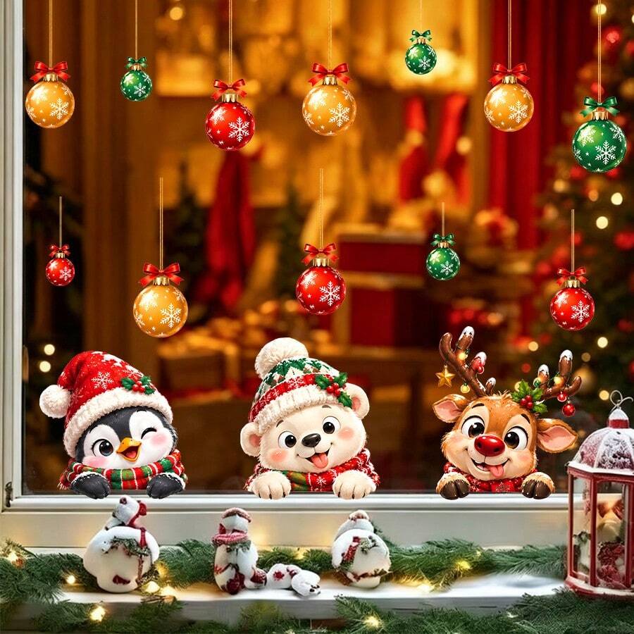 1/2 Sheets Christmas Window Clings,Cartoon Animal Penguin Reindeer Bear Static Clings, Reusable Holiday Decals For Kids Room Home Glass Decor - Multicolor - View 1