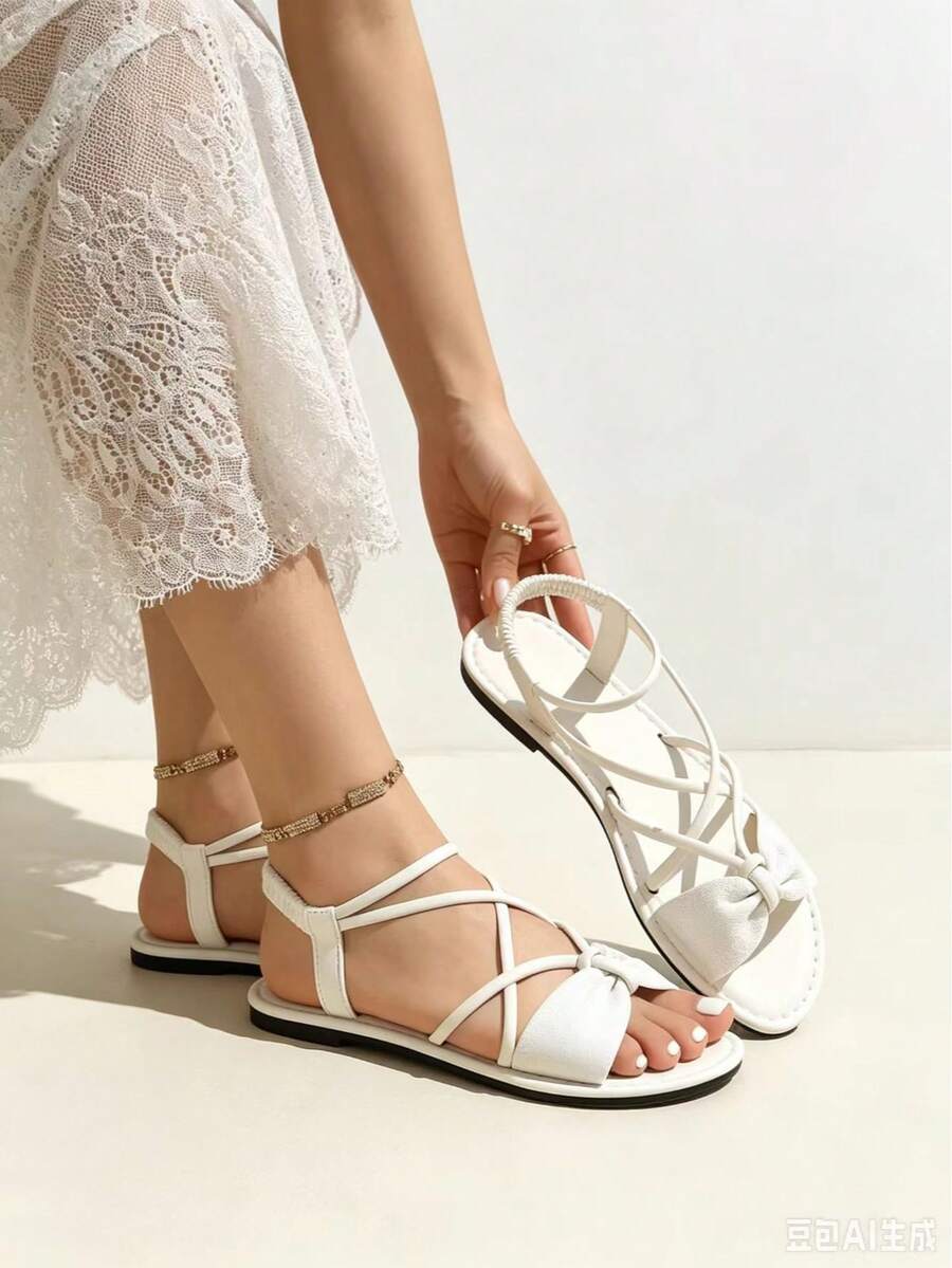 New Women's Shoes: Bow Flat Sandals, Bohemian Style, Cross Strap Design, Suitable For Vacation, Beach, Casual, Daily Commute, All-Season Versatile - White - View 1