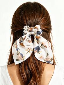 3pcs Set Satin White Solid Color Oil Painting Triangle Scarf Long Tail Hair Accessory - White - View 6