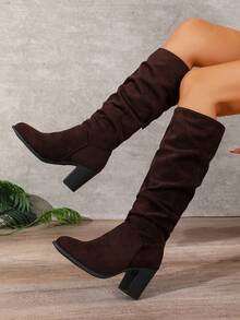 Women's Mid-Calf Boots, Chunky Heel, Pointed Toe, Fashionable, Suede, High Heel, Slouchy, Slimming - Brown - View 2
