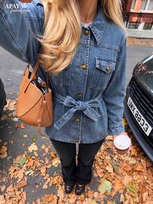 Women's Vintage Street Casual Denim Jacket With Collar And Waist Tie - Medium Wash - View 9