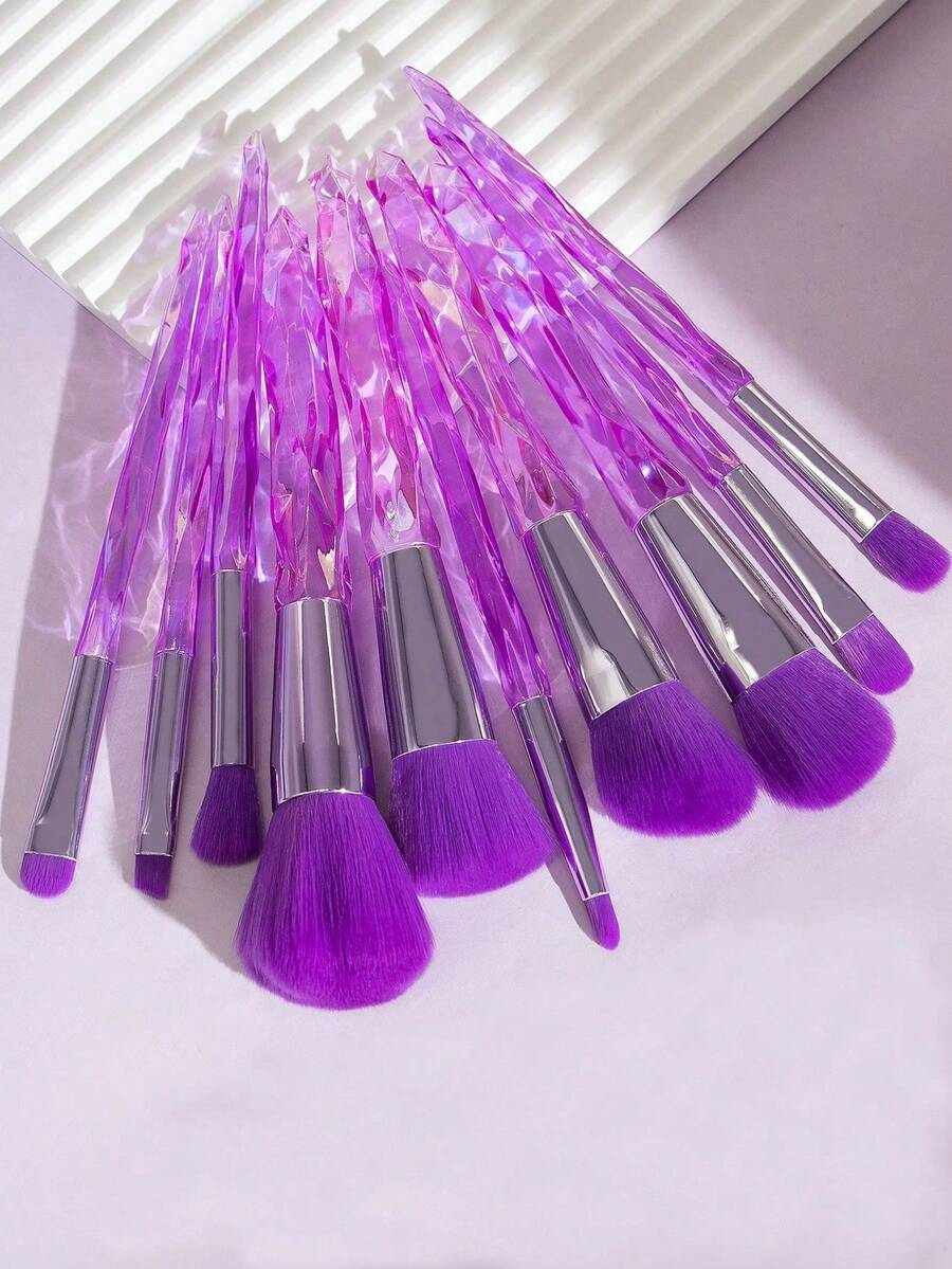 YZIMENG 10pcs Purple Crystal Acrylic Handle Makeup Brush Set, Soft Synthetic Bristles, Professional Foundation, Eyeshadow, Blush Brush Set, Suitable For Face, Eye Makeup Beauty Tools - Purple - View 1