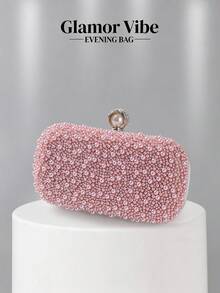 Elegant Pearl & Rhinestone Spiral Pattern Evening Clutch, Pearl Buckle Handbag - Pink - View 2