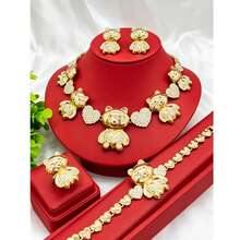 4pcs Fashion Luxury Women's Gold-Plated Cute Bear Rhinestone Necklace, Earrings, Bracelet, Ring Jewelry Set, Suitable For Middle East, Dubai, Africa, Europe, America, Party, Gathering, Wedding, Birthday, Valentine's Day, Holiday Gift For Girlfriend - Yellow Gold - View 1