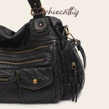 STEPHIECATHY Solid Color Washed PU Leather, Zipper Closure, Multi-Pocket Design, Women's Shoulder Crossbody Bag, Casual & Practical, Suitable For Daily Life - Black - View 4