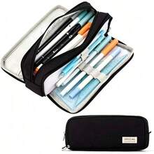 Large Capacity 3-Compartment Pencil Case, Suitable For Students, Teenage Girls & Boys, Men & Women - Purple - View 6