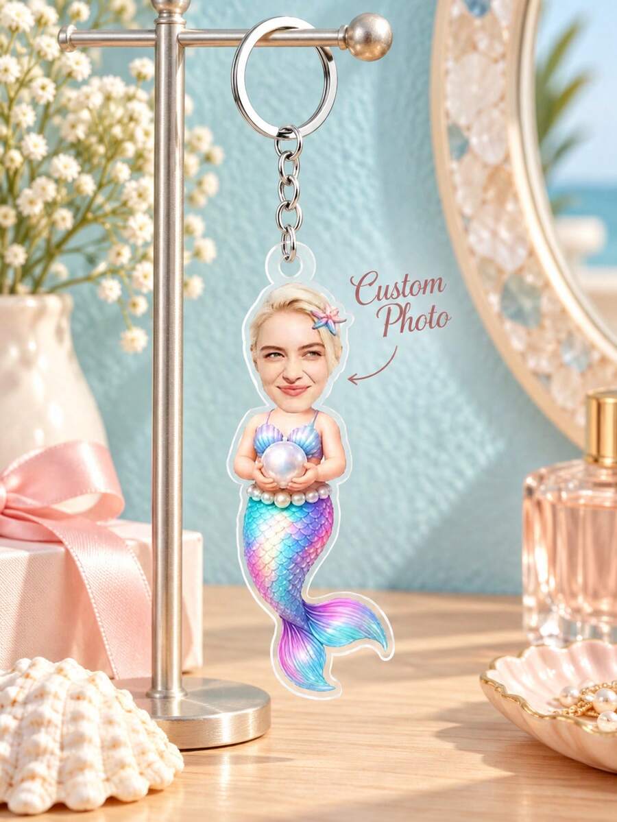 1pc Custom Photo Mermaid Acrylic Keychain, Personalized Face Cartoon Mermaid Body Key Chain, Girls Birthday Gift, Mermaid Lover Novelty Keepsake,Ocean Fantasy Accessory,Ocean Theme Present - Multicolor - View 1