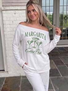 Women's White Off-Shoulder Long Sleeve Knit Top, Printed With Margarita Cocktail Club Pattern, Regular Fit, Slightly Elastic Fabric - White - View 4
