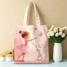 1pc Ballet Fantasy Tote Bag - Featuring Charming Little Ballerina And A Cat Surrounded By Butterflies, Durable, Easy To Hand Clean, Spacious Reusable Shopping Bag, Suitable For Women's Fashion And Daily Use - Multicolor - View 7
