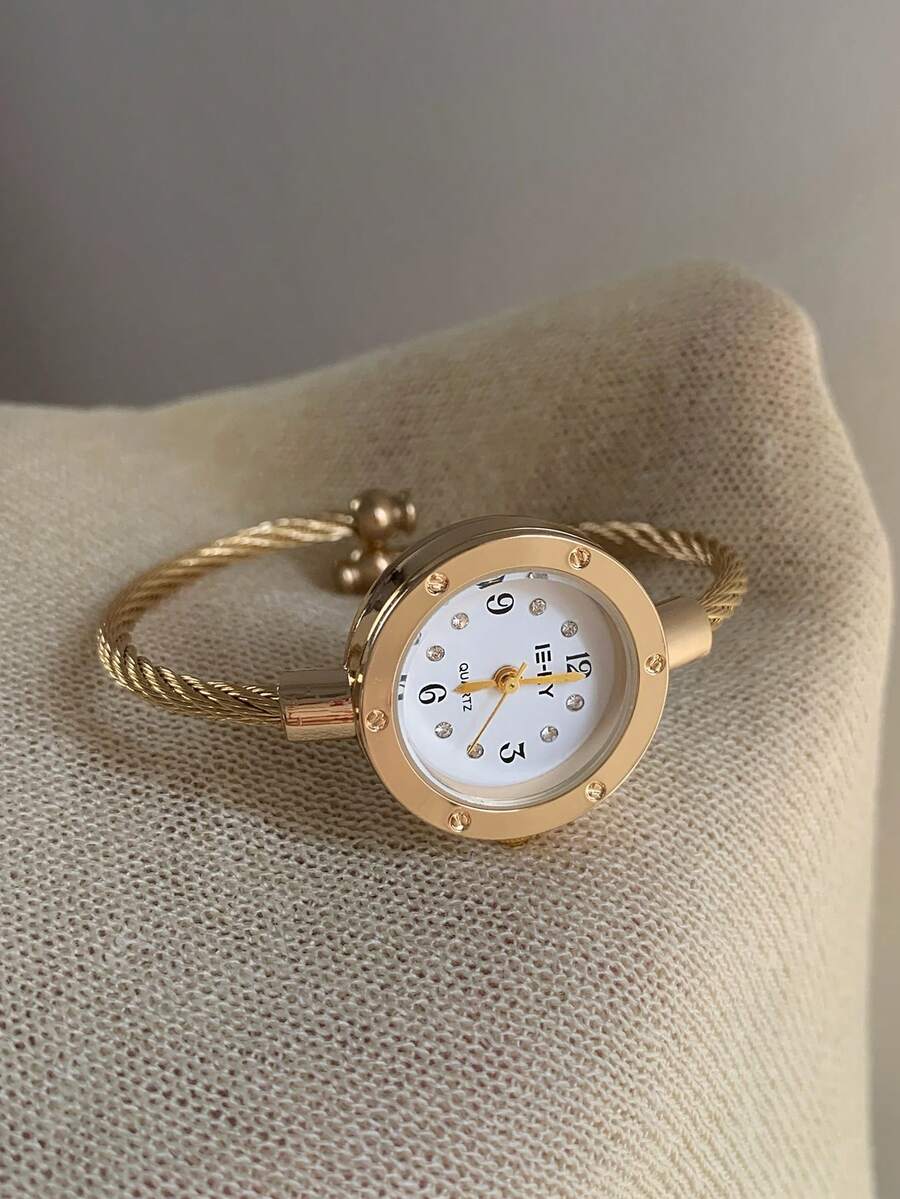 1 buah Jam Tangan Quartz Emas Wanita dengan Dial Putih Bulat, Desain Gelang Terbuka, dan Penanda Campuran yang Indah, Cocok untuk Pemakaian Sehari-hari - Emas - View 1