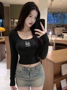 2026 Winter Autumn Women's Black Ribbed Top - Casual Sweet "BABE" Embroidery Wide Strap Fitted Long Sleeveless Blouse For Spring Daily Dating Hangout - Black - View 3