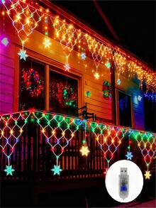 400CM/Triangle Mesh Lights, LED Outdoor Decorative Atmosphere Lights, Christmas Snowflake Ice Bar Lights, Fairy String Lights, 8 Modes, Optional Warm White/Colorful, USB Powered - Suitable For Decorating Garden, Roof, Terrace, Birthday Party And Holiday Party - M25-triangular Fishing Net - View 1