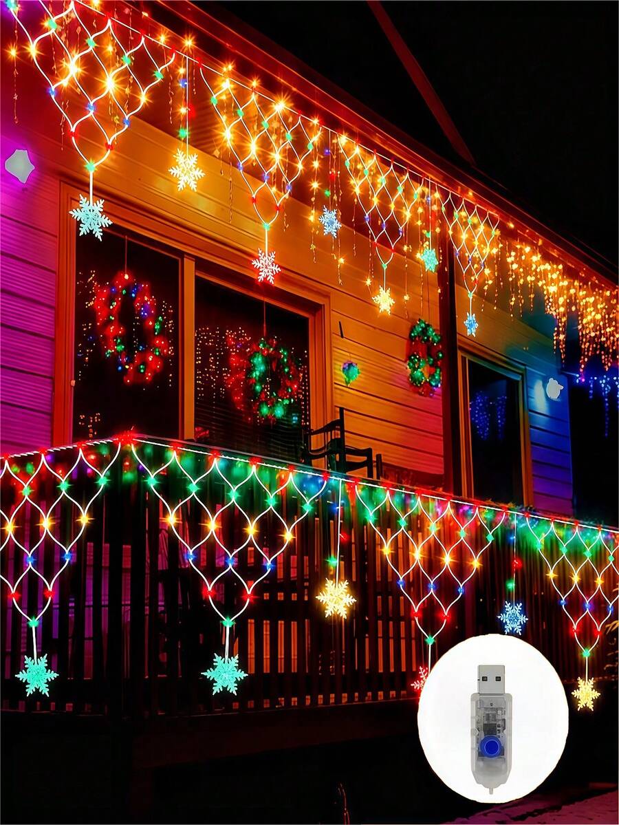 400CM/Triangle Mesh Lights, LED Outdoor Decorative Atmosphere Lights, Christmas Snowflake Ice Bar Lights, Fairy String Lights, 8 Modes, Optional Warm White/Colorful, USB Powered - Suitable For Decorating Garden, Roof, Terrace, Birthday Party And Holiday Party - M25-triangular Fishing Net - View 1