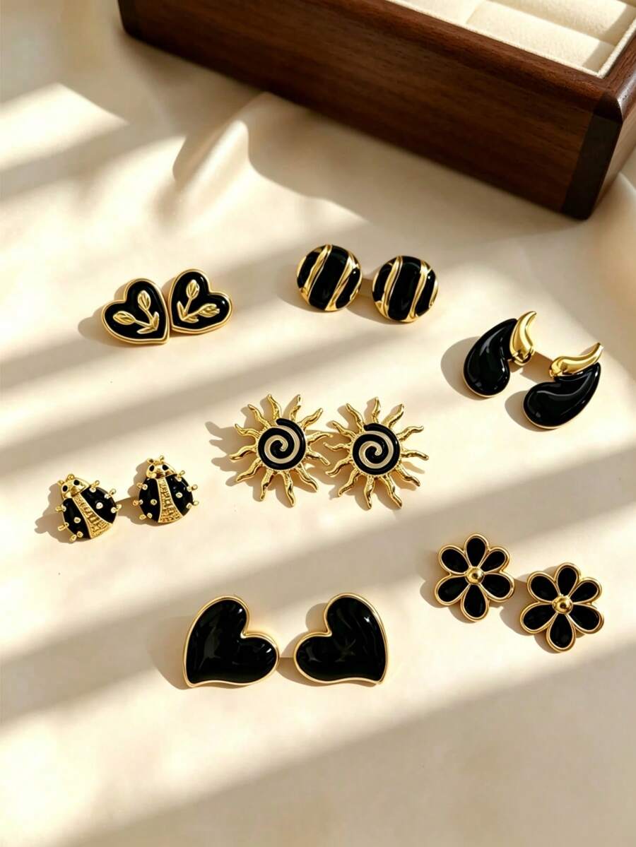 14pcs Gothic/Elegant Enamel Women's Earrings Set, Black Premium ...