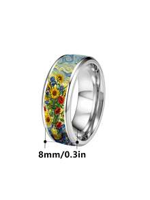1PC Retro Van Gogh Starry Night Sunflower Pattern Stainless Steel Men Ring, Art Style Unique Men Jewelry, Daily Wear Anniversary Gift - Ring - View 8