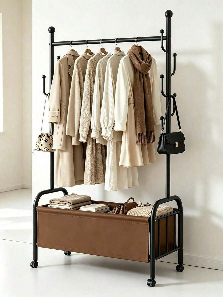 1pc Floor Standing Coat Rack With Wheels, Equipped With Storage Basket, Movable Floor Hanger, With Rollers And Side Hooks, Easy To Move, Space Saving, Sturdy Metal Hanger, Suitable For Bedroom And Entryway, 2 Colors Available - Multicolor - View 1