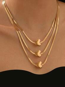 1pc Fashionable Exquisite 3-Layer Flat Snake Chain Heart Pendant Layered Collarbone Necklace, Suitable For Women's Daily Wear, Holiday Gift And Birthday Gift - Gold-heart - View 5