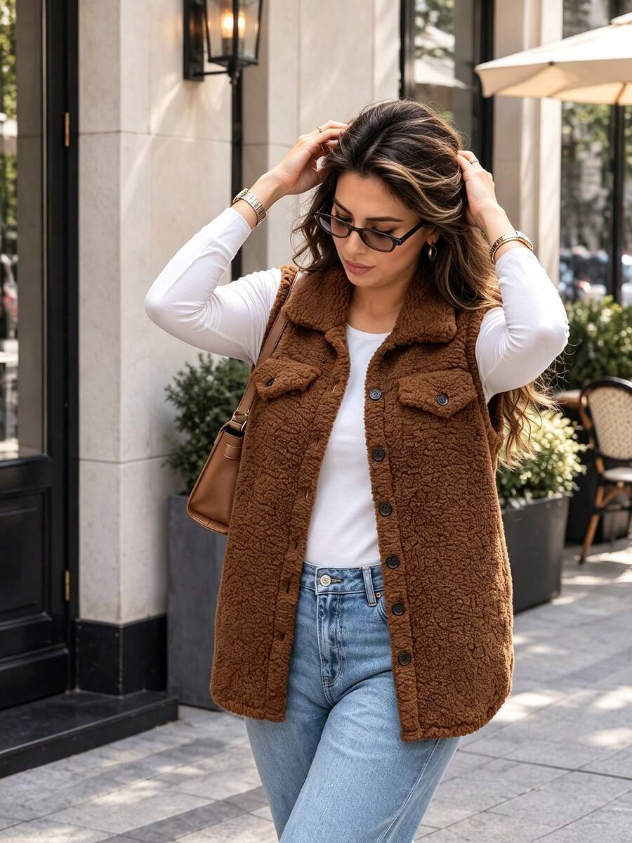 Plus Size Teddy Fleece Vest With Lapel Collar, Front Button Sleeveless Lambswool Vest With Pockets, Casual Warm Outerwear For Autumn/Winter - Brown - View 1