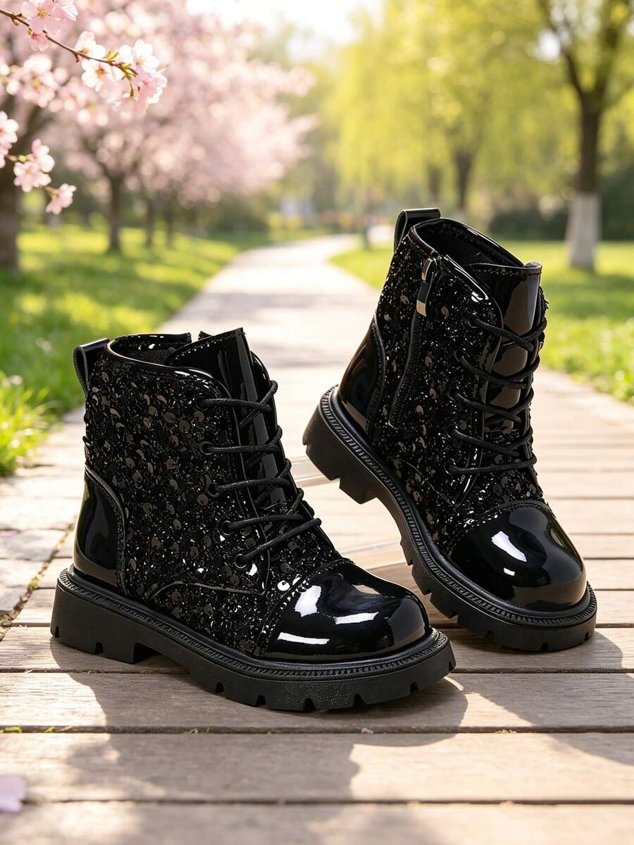 1 Pair Boys' Short Boots, Shiny 3D Sequin Material, Round Toe, Elastic Soft Sole, Inner Zipper Design, Fashionable Glamorous Princess Boots, Suitable For Daily Wear, Festivals, Performances, Parties, Autumn/Winter New Style