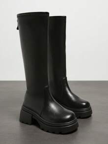 Plus Size Women's Round Toe Thick Sole Tall Boots, Chunky Heel Back Zipper Solid Color Autumn Fashion Boots - Black - View 1
