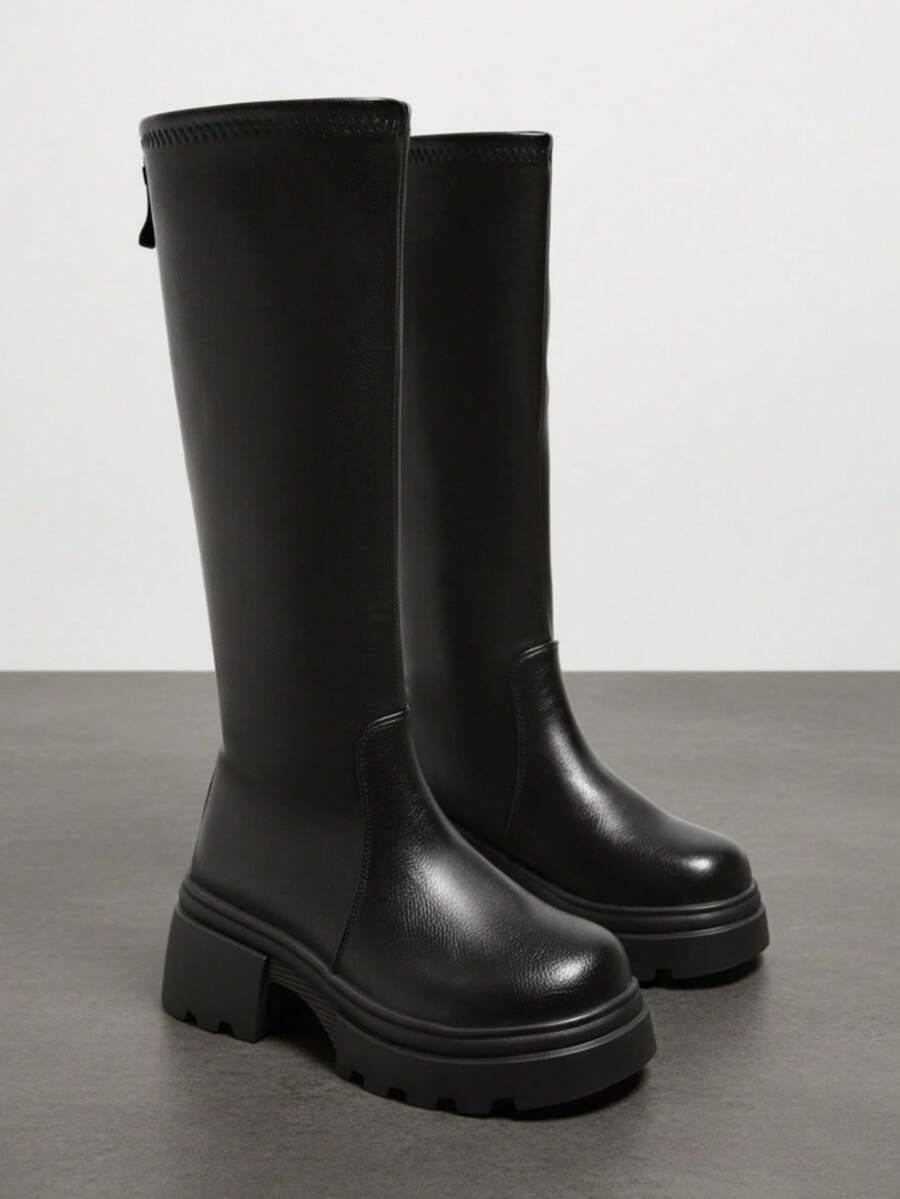 Plus Size Women's Round Toe Thick Sole Tall Boots, Chunky Heel Back Zipper Solid Color Autumn Fashion Boots - Black - View 1