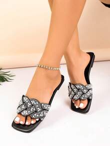 Black Woven Texture One-Strap Slides All-Match Style Women's Pearl Rhinestone Wrapped Decor Square Toe Flat Lightweight Versatile Daily Commute Luxury Casual Sandals - Black - View 9