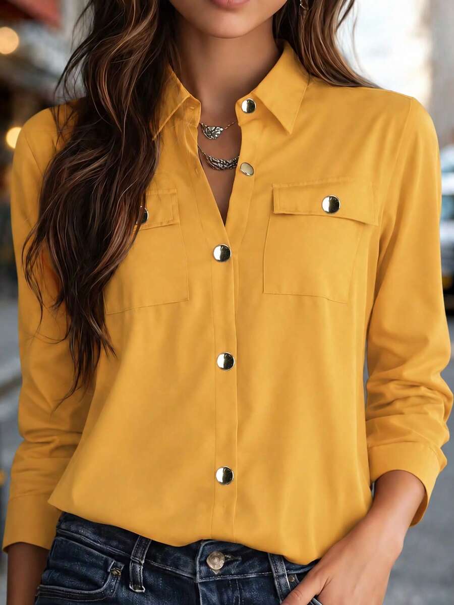 New Arrival All Season Fashion Women's Long Sleeve Button-Up Shirt With Faux Pockets - Yellow - View 1