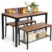 Juego de mesa de comedor para 4 personas, mesa de cocina con banco y sillas, juego de comedor industrial con marco de metal y estante de almacenamiento, para reuniones familiares, cenas diarias y espacios pequeños, color marrón - Marrón - Ver 7