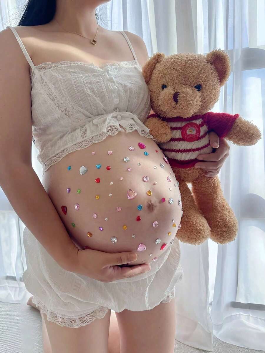 3D 孕婦肚貼,彩色水鑽身體裝飾,孕期拍照道具,嬰兒洗禮與性別揭曉派對,DIY準媽媽 1件裝 - 彩色 - 查看 1