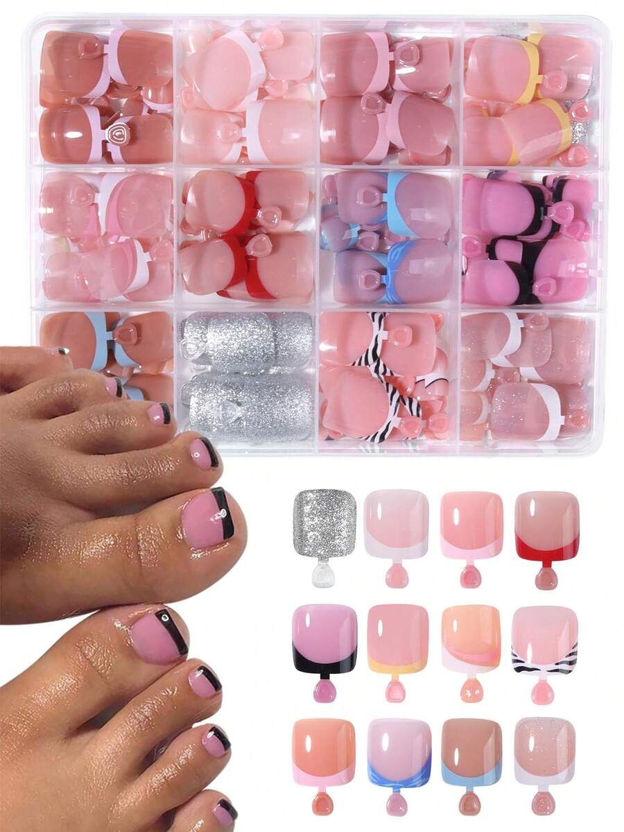 288pcs/Box (12 Mixed Styles) DIY Shiny Short Square Pointed Acrylic Press-On Toe Nails, Perfect Fit Design, Acrylic False Toenails With Storage Box, Suitable For Summer Manicure, Women And Girls Daily & Party DIY Nail Art Supplies - Multicolor - View 1