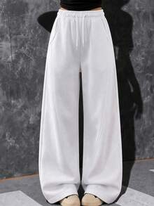 1pc Girls Teen American Street Style Creative Structure Outdoor Casual Loose Wide Leg Long Pants - White - View 7