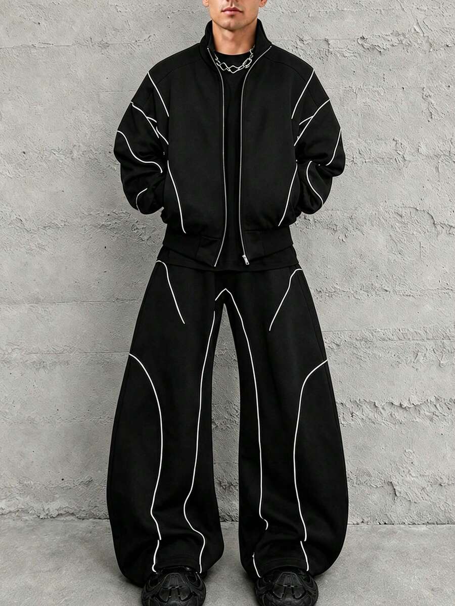 HEYKESON 2pcs Men's Front Zip Pocket Minimalist Jacket And Pants Set, Casual Tracksuit, Fall Clothes - Black - View 1