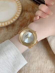 Fashion Women's Quartz Watch, Large Round White Dial, Wide Hollow Strap, Rhinestone Hour Markers, Suitable For Social Occasions - Gold - View 4