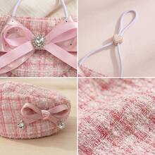 Pet Beret Hat And Bib Set, Suitable For Cats And Small Dogs, Pink And White Tweed Beret Hat With Bow And Rhinestone Details, Adjustable Pet Bib With Large Bow, Birthday Party Photo Props And Daily Wear Accessories - Multicolor - View 5