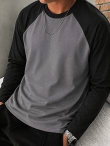 Men's Patchwork Raglan Sleeve Crew Neck Long Sleeve T-Shirt, Autumn/Winter New Base Layer, Sports Fitness Casual Contrast Color Top - Dark Grey - View 8